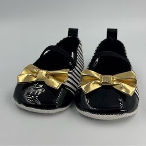 Hudson Baby HB Black and White Striped Baby Dress Shoes With Gold Bow 0-6 Months